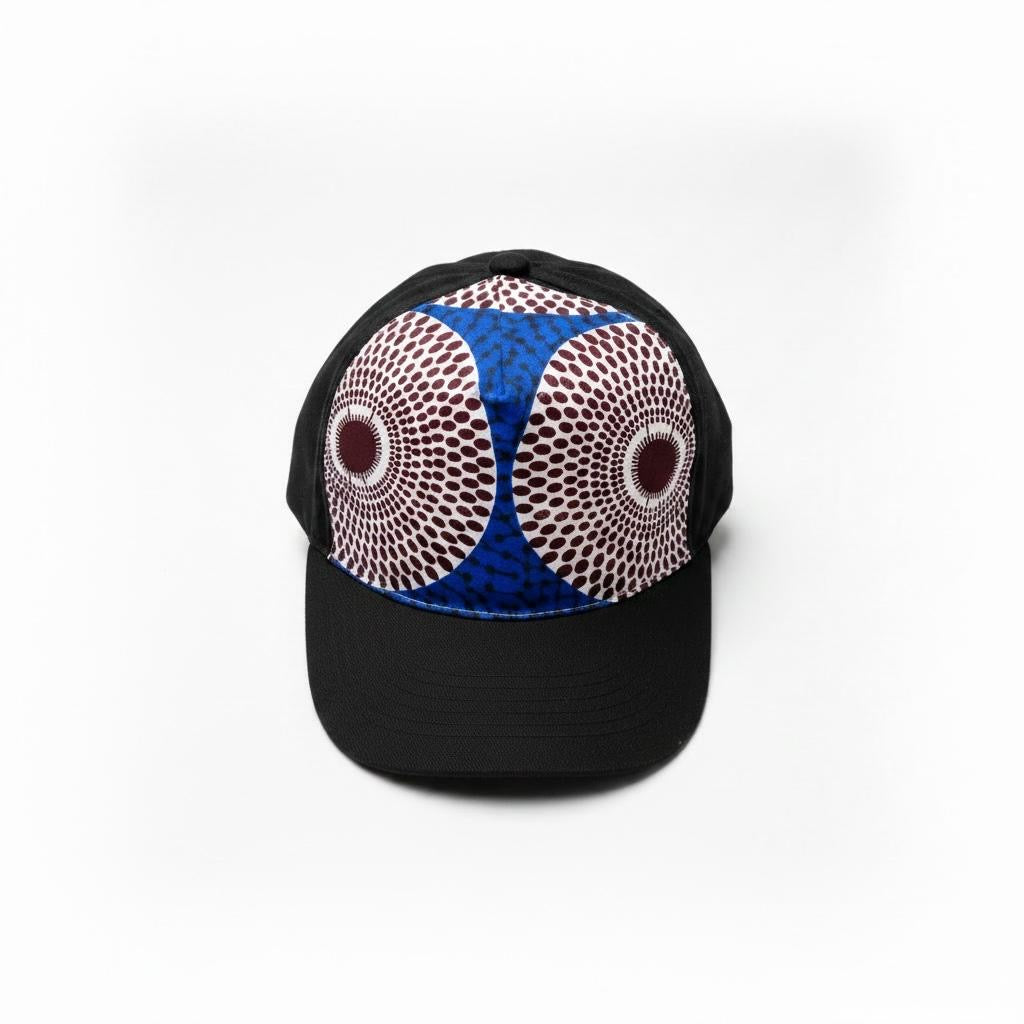Casquette MBEMA en coton noir avec tissu wax bleu bordeaux à motifs circulaires, accessoire afro moderne ajustable pour enfant