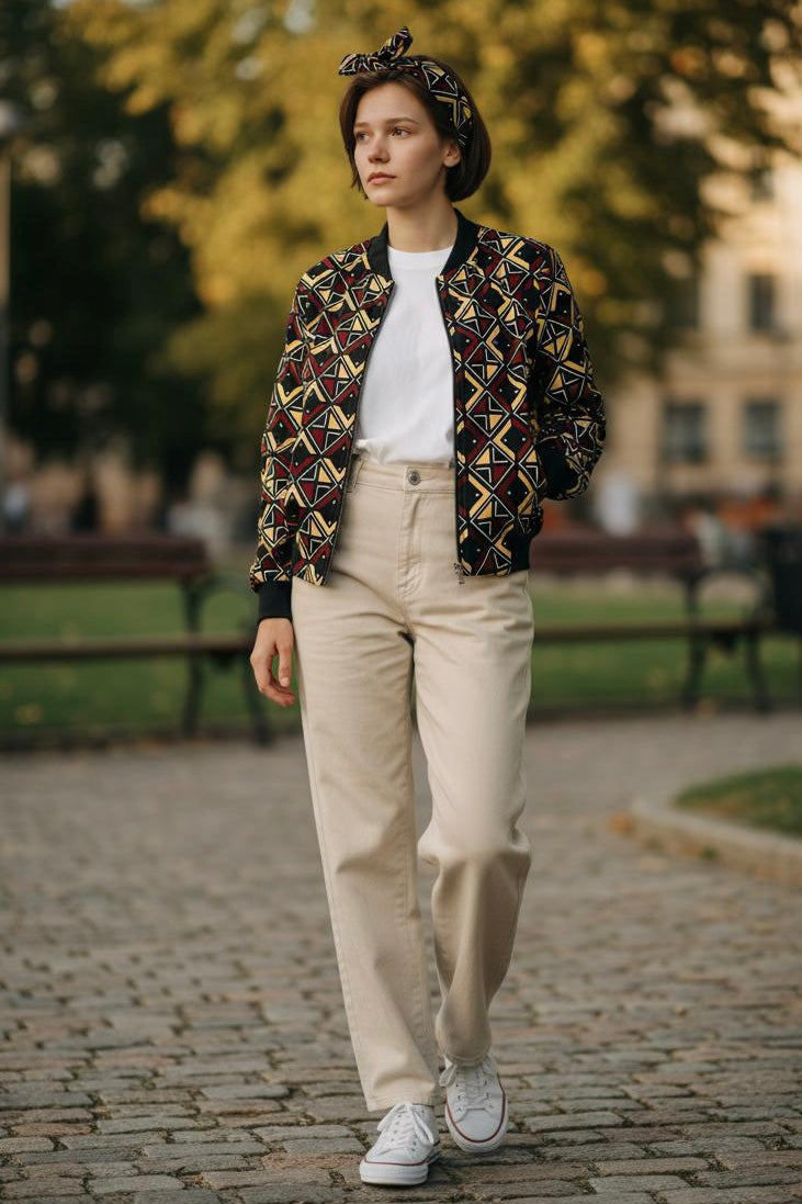 Veste bomber en bogolan pour fille, avec bandeau assorti, style moderne et imprimés africains authentiques.