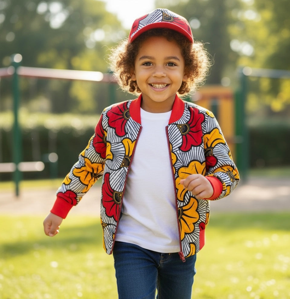 Enfant portant un bomber et une casquette assortie, modèle mixte, en tissu à fleurs, idéal pour un mariage ou une cérémonie.