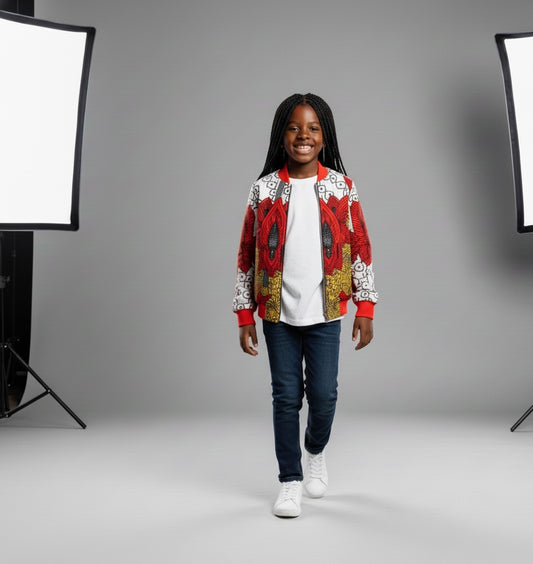 Bomber coloré pour enfant en tissu wax, coupe moderne et motifs africains pour un look joyeux et original.