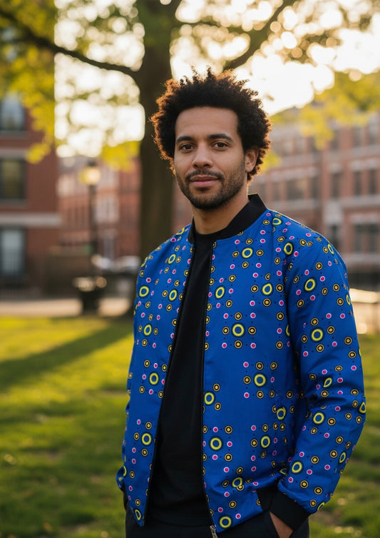 Bomber unisexe en wax à motifs colorés, fermeture zippée et poches.