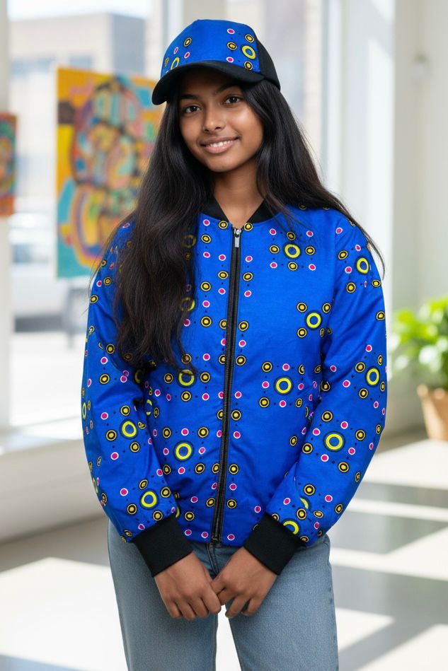 Look enfant mixte avec bomber en tissu wax vibrant et casquette personnalisée, alliance de streetwear et de culture africaine