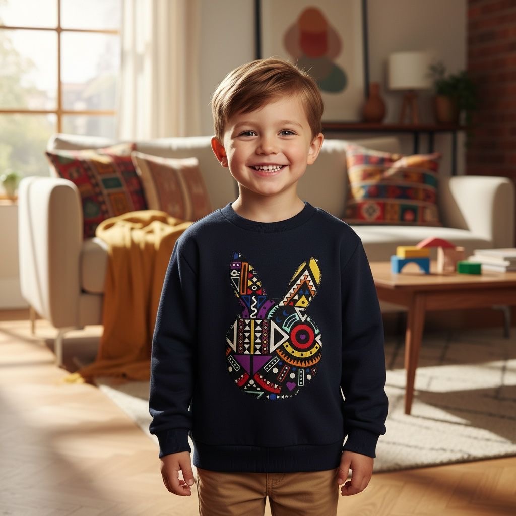 Sweat-shirt enfant afro moderne JOY mixte avec customisation wax géométrique et tête de lapin