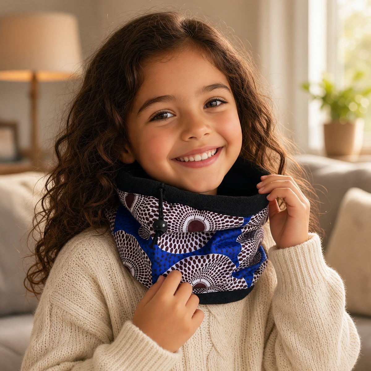 Enfant portant le cache-cou MBEMA en wax bleu à motifs circulaires blancs et bordeaux, doublé de polaire noire.
