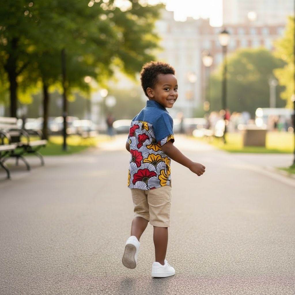 Garçon portant une chemise wax et denim style afro moderne tenue enfant printemps été