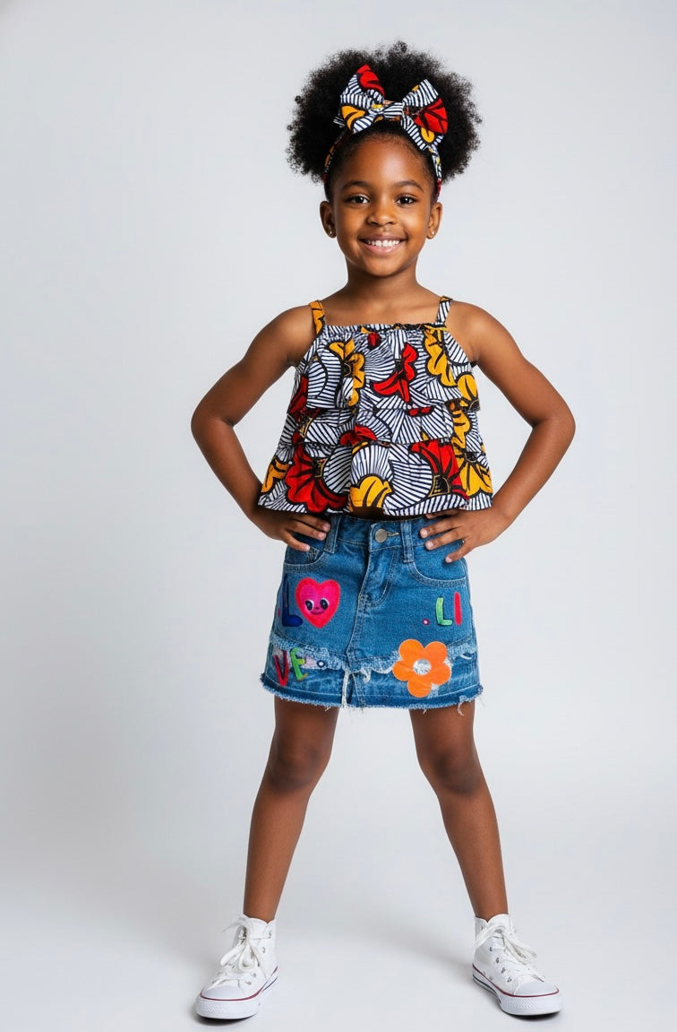 Tenue fille en wax pour mariage, avec jupe, haut à bretelles fleuri et bandeau coordonné.