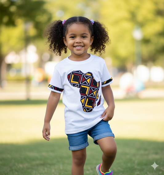 T-shirt enfant mixte customisé avec tissu wax bogolan, look original et ethnique.