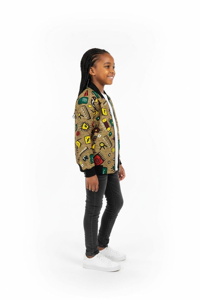 Veste bomber enfant fait main en tissu wax africain, modèle MEYA pour filles et garçons