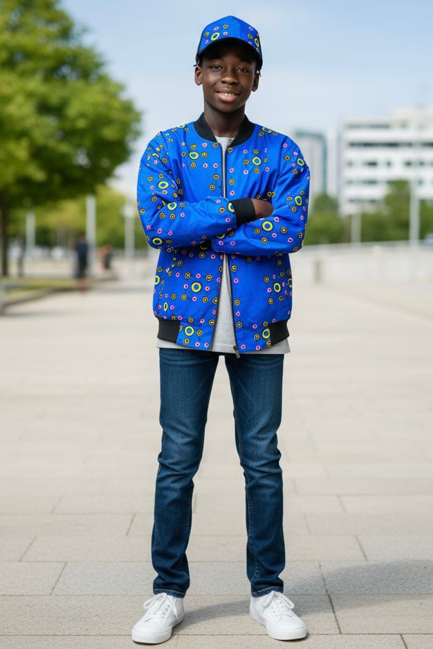 Bomber en wax coloré assorti à une casquette customisée, tenue mixte pour enfants au look tendance et original.
