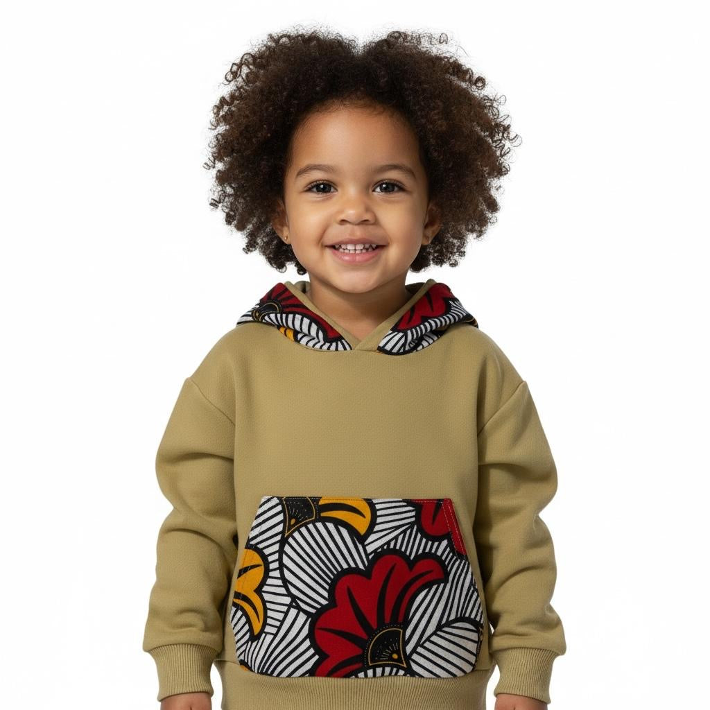 Sweat-shirt enfant moutarde MPESA fait main, capuche et poche en wax fleuri afro moderne