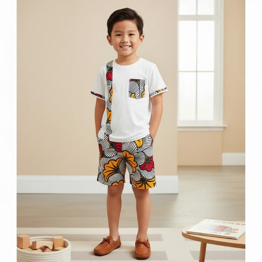 Détail du tissu à fleurs de mariage et wax sur les manches du t-shirt – ensemble afro moderne pour garçon”