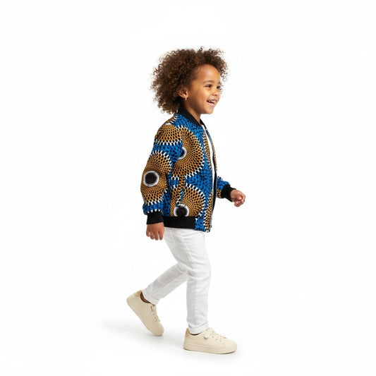 Veste bomber enfant faite main en petite série – wax africain motif bleu et orange
