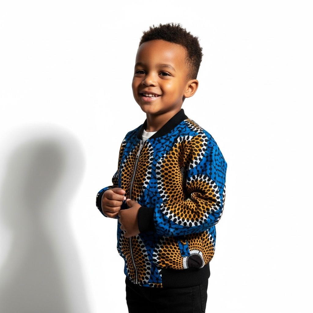 Bomber enfant ESEKA en wax africain bleu à cercles orange – veste artisanale mixte