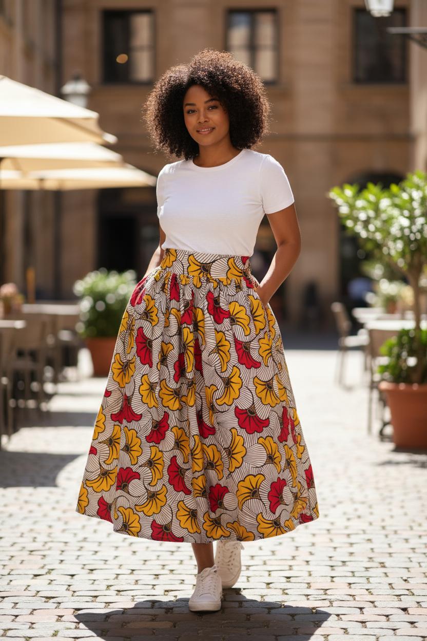 Jupe maxi en wax faite à la main, modèle Mpesa taille haute avec fentes latérales.