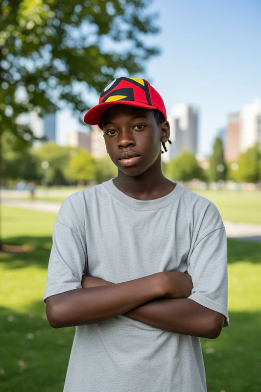Casquette enfant unisexe avec détail en wax, alliant style urbain et touche africaine.