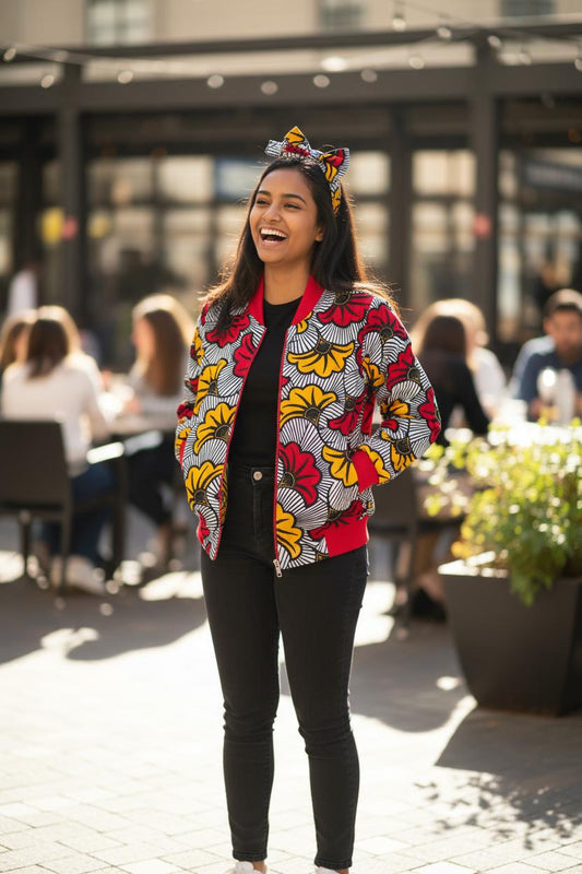 Bomber fille en tissu fleuri élégant, parfait pour une cérémonie ou un mariage, avec bandeau assorti.