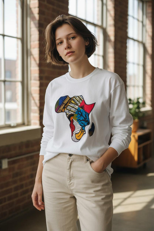 T-shirt enfant mixte à manches longues avec carte de l’Afrique en wax cousue à la main
