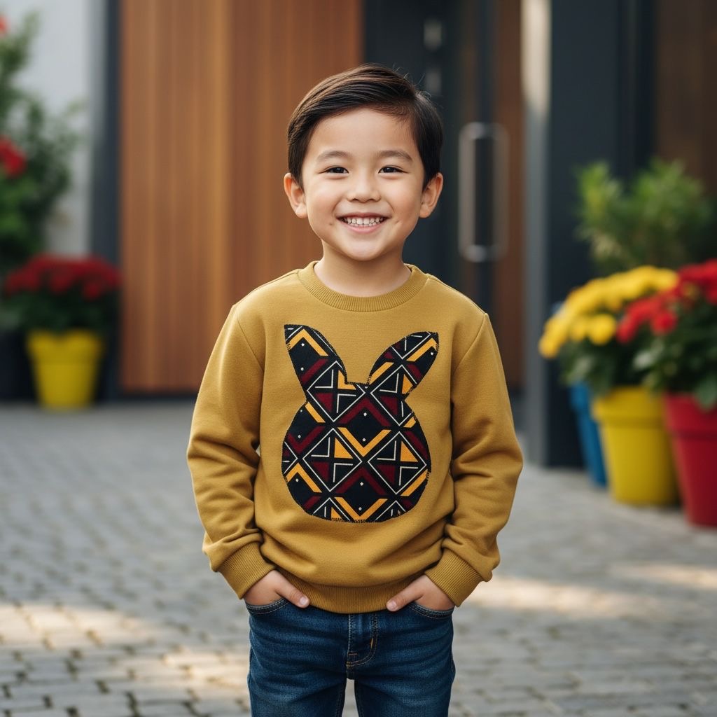 Sweat-shirt enfant couleur moutarde avec smiley tête de lapin en wax et bogolan, confection artisanale, taille 3 à 12 ans