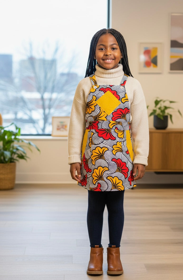 Salopette wax enfant associée à un pull en laine pour un look hiver cosy.