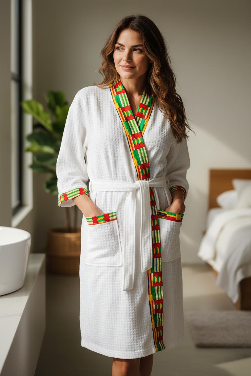 Peignoir mixte Maka en tissu gaufré blanc avec finitions Wax colorées, manches 3/4 et ceinture à nouer, fait main.