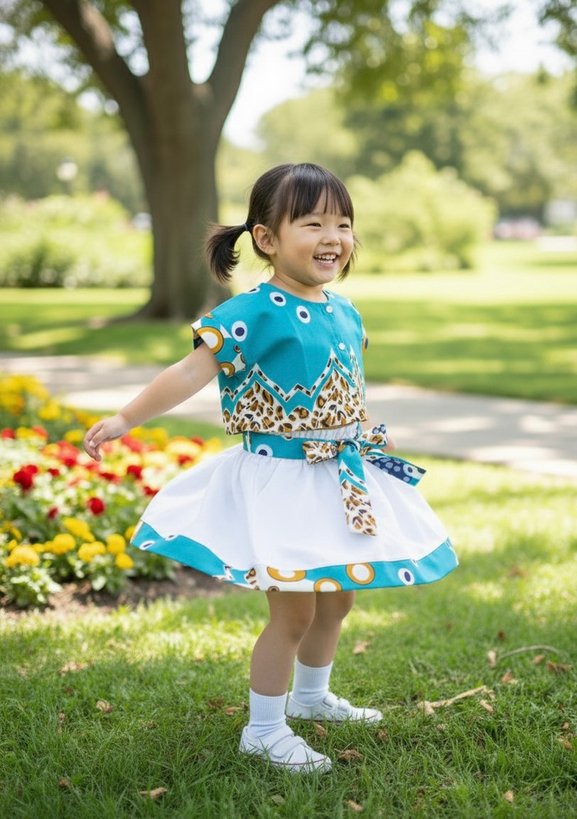 upe évasée taille haute en lin avec ceinture à nouer et crop top en wax – tenue fille faite main