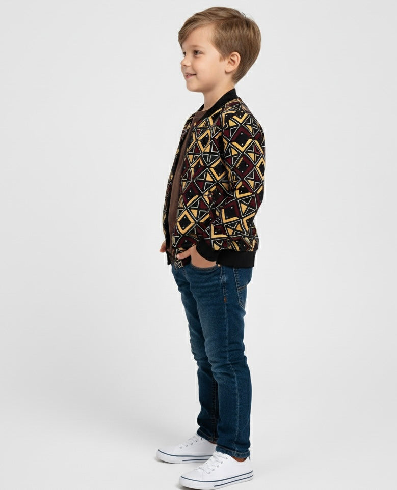 Veste bomber enfant en wax bogolan, coupe unisexe avec doublure fine idéale pour le printemps ou l’automne