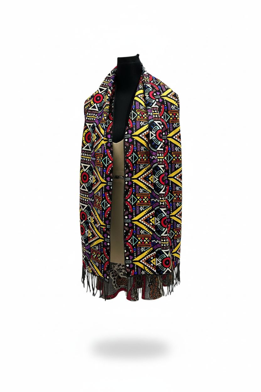 Écharpe artisanale mixte wax et polaire chaude gris foncé – style unique et fait main