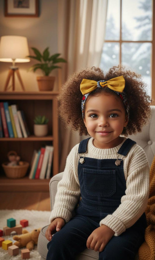 Bandeau Mpesa Duo pour enfant, 100 % fait main, combinant wax africain à fleurs de mariage et coton jaune uni pour le nœud central. Accessoire chic et confortable pour coiffures quotidiennes ou cérémonies.