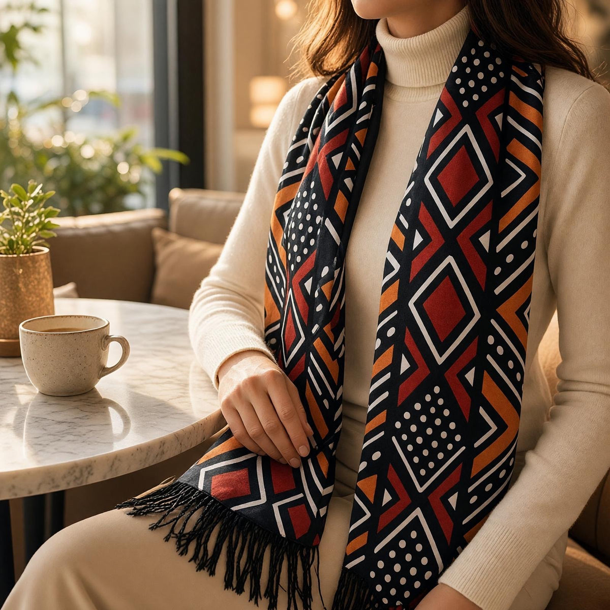 Écharpe mixte adulte en wax et bogolan avec doublure molletonnée – accessoire chaud et stylé