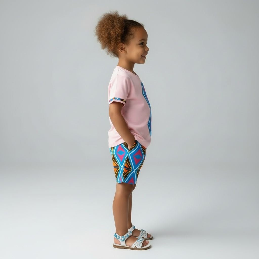 Détail t-shirt enfant rose avec losange en tissu wax et finitions manches assorties