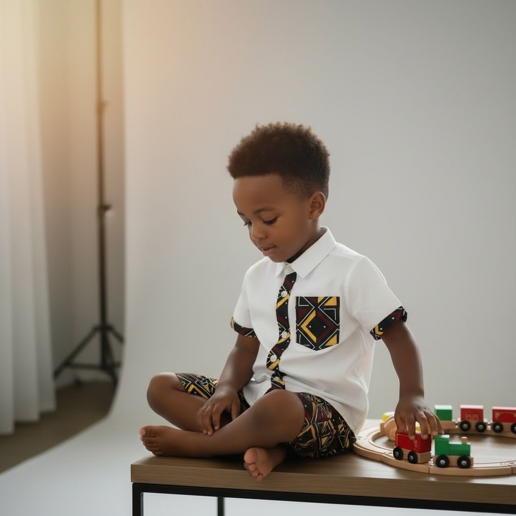 Tenue enfant garçon avec chemise customisée et bermuda assorti inspiré du wax bogolan, look moderne et confortable