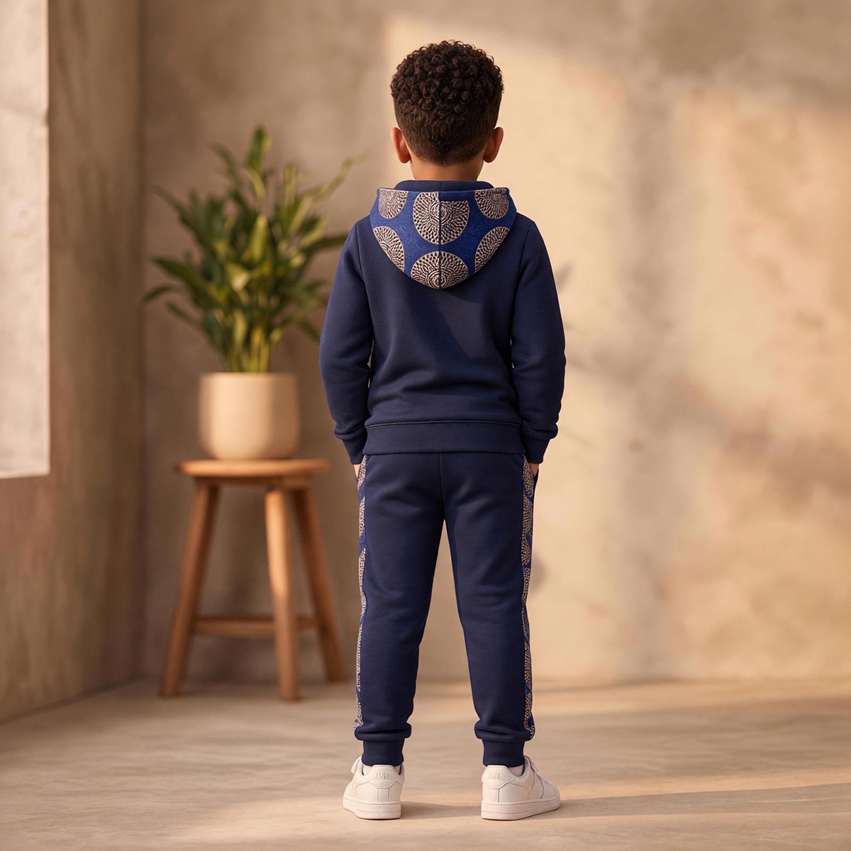 Ensemble jogging enfant mixte MBEMA bleu marine, avec motifs wax bleus, blancs et bordeaux sur la capuche, les poches et les côtés du pantalon.
