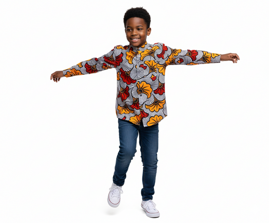 hemise mixte pour enfants en tissu wax coloré, manches longues, coupe 2 en 1 pratique et stylée.