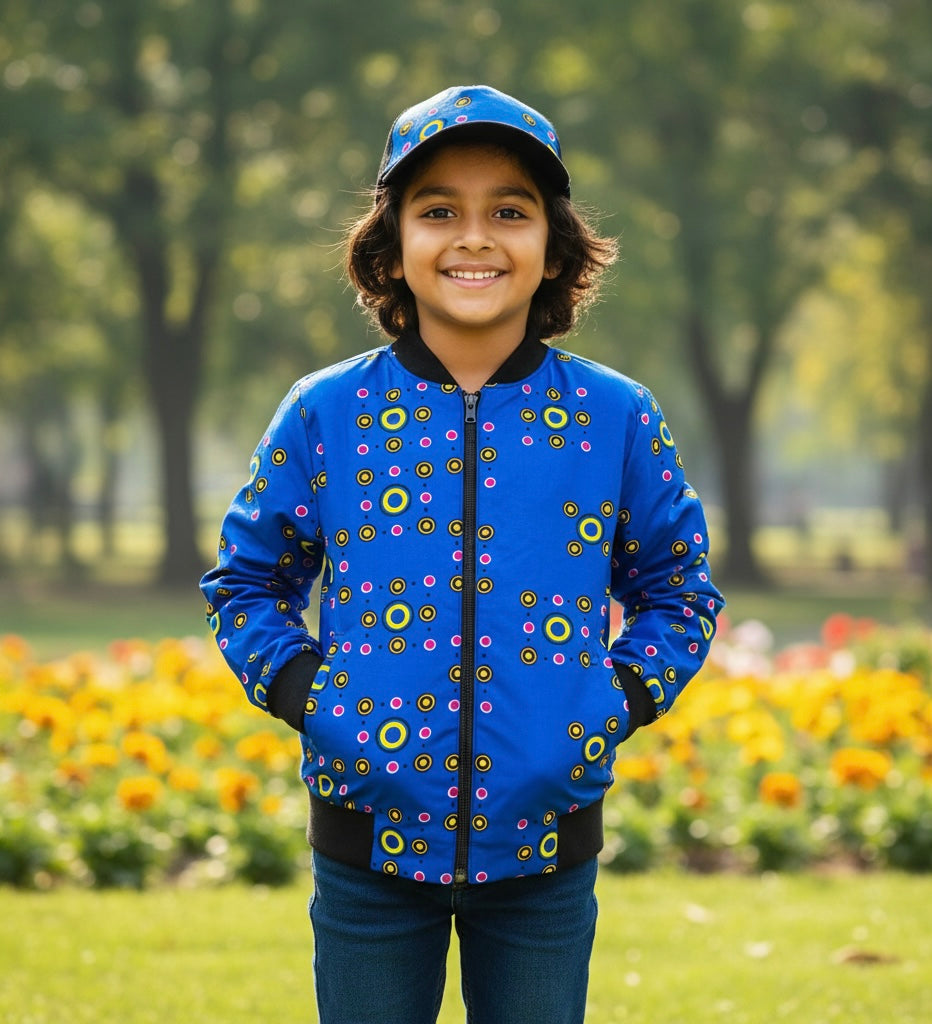 Bomber en wax coloré assorti à une casquette customisée, tenue mixte pour enfants au look tendance et original.