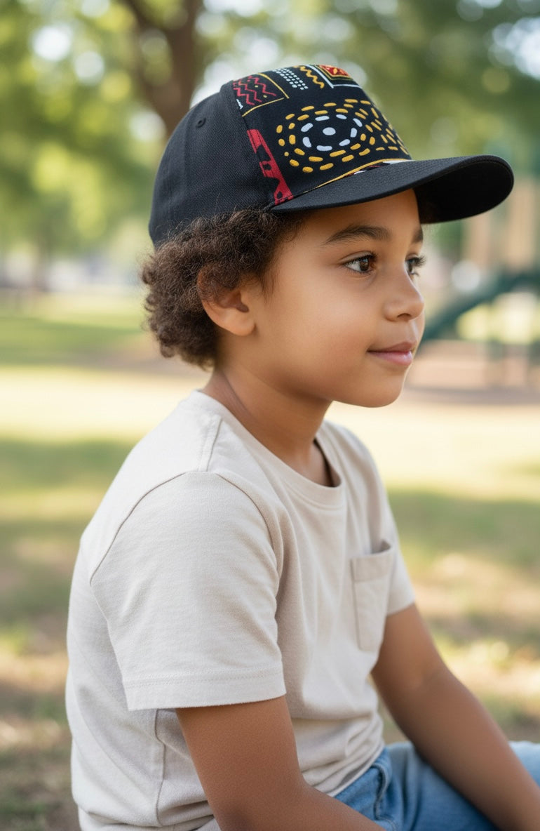 Casquette artisanale enfant mixte wax Bogolan et coton noir – ajustable et faite main