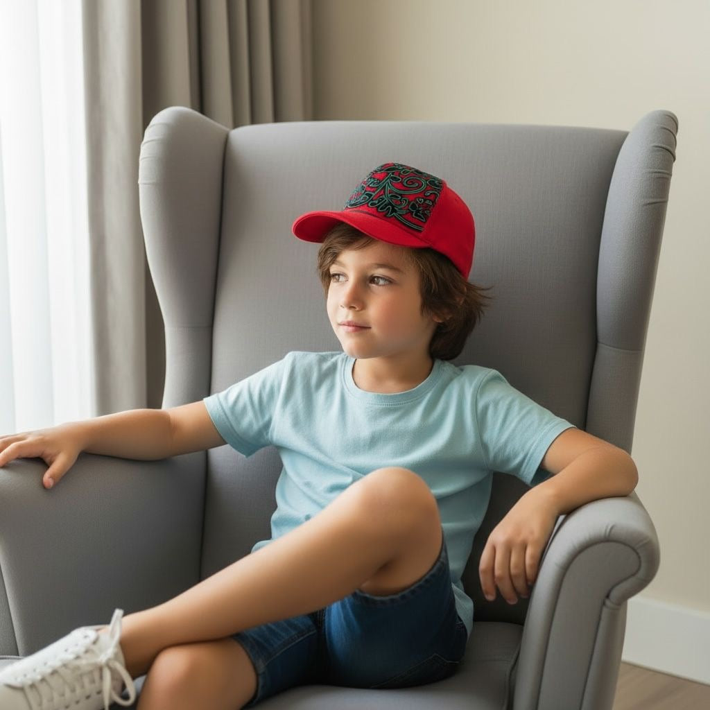 Casquette enfant MINA rouge portée avec tissu wax rouge à fleurs vertes, création artisanale afro moderne pour enfants de 2 à 12 ans