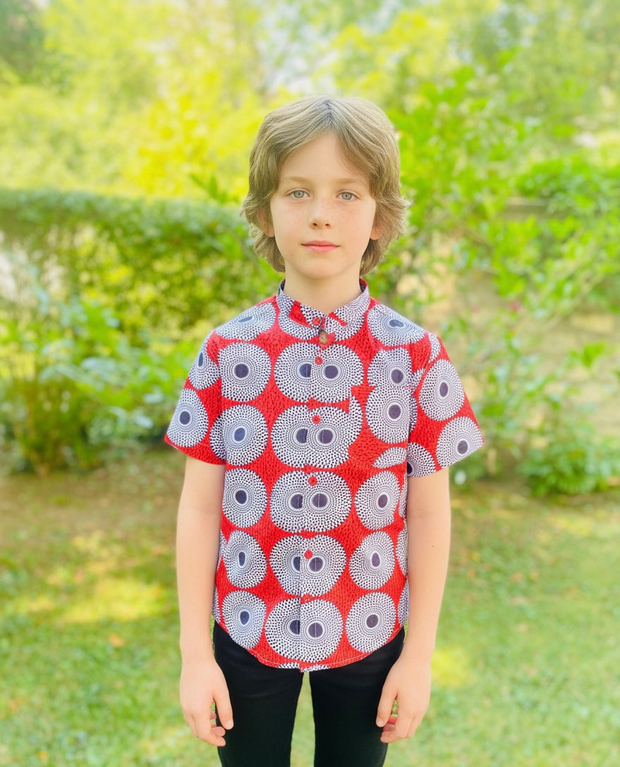 Chemise garçon en wax MUAYE-Col Mao, manches courtes