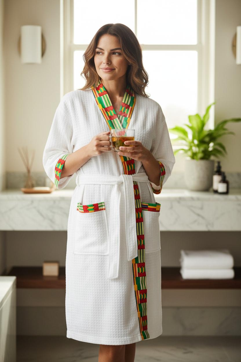 Peignoir / Kimono mixte “MAKA” – blanc gaufré & Wax coloré