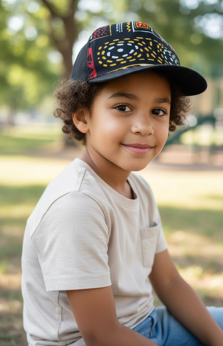 Casquette MANYO enfant mixte en coton noir avec wax Bogolan coloré à l’avant, stretch arrière et confection artisanale pour enfants de 2 à 12 ans