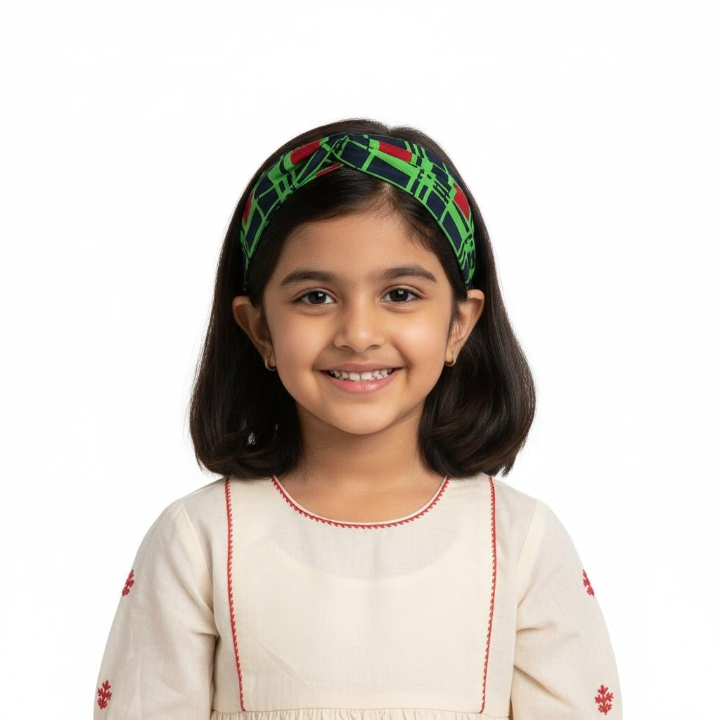 Bandeau enfant BONA en wax vert entrecroisé, fait main, élastique arrière