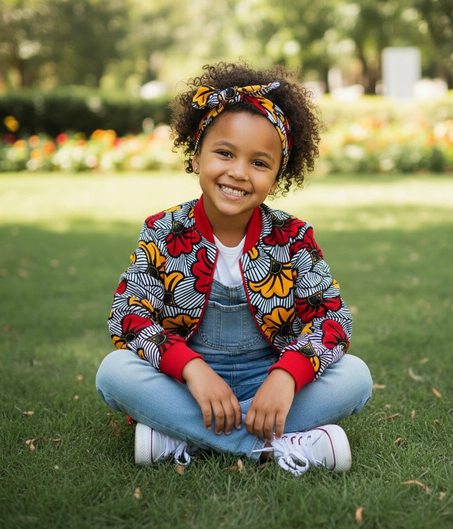Bomber fille en tissu fleuri élégant, parfait pour une cérémonie ou un mariage, avec bandeau assorti.