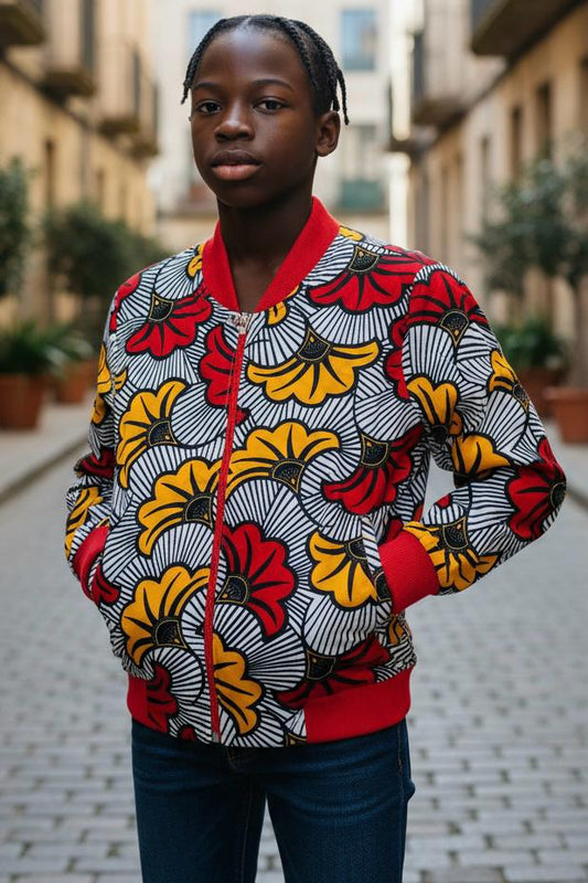 Bomber mixte pour enfant en tissu fleuri, porté sans casquette, idéal pour une tenue de mariage ou de cérémonie.