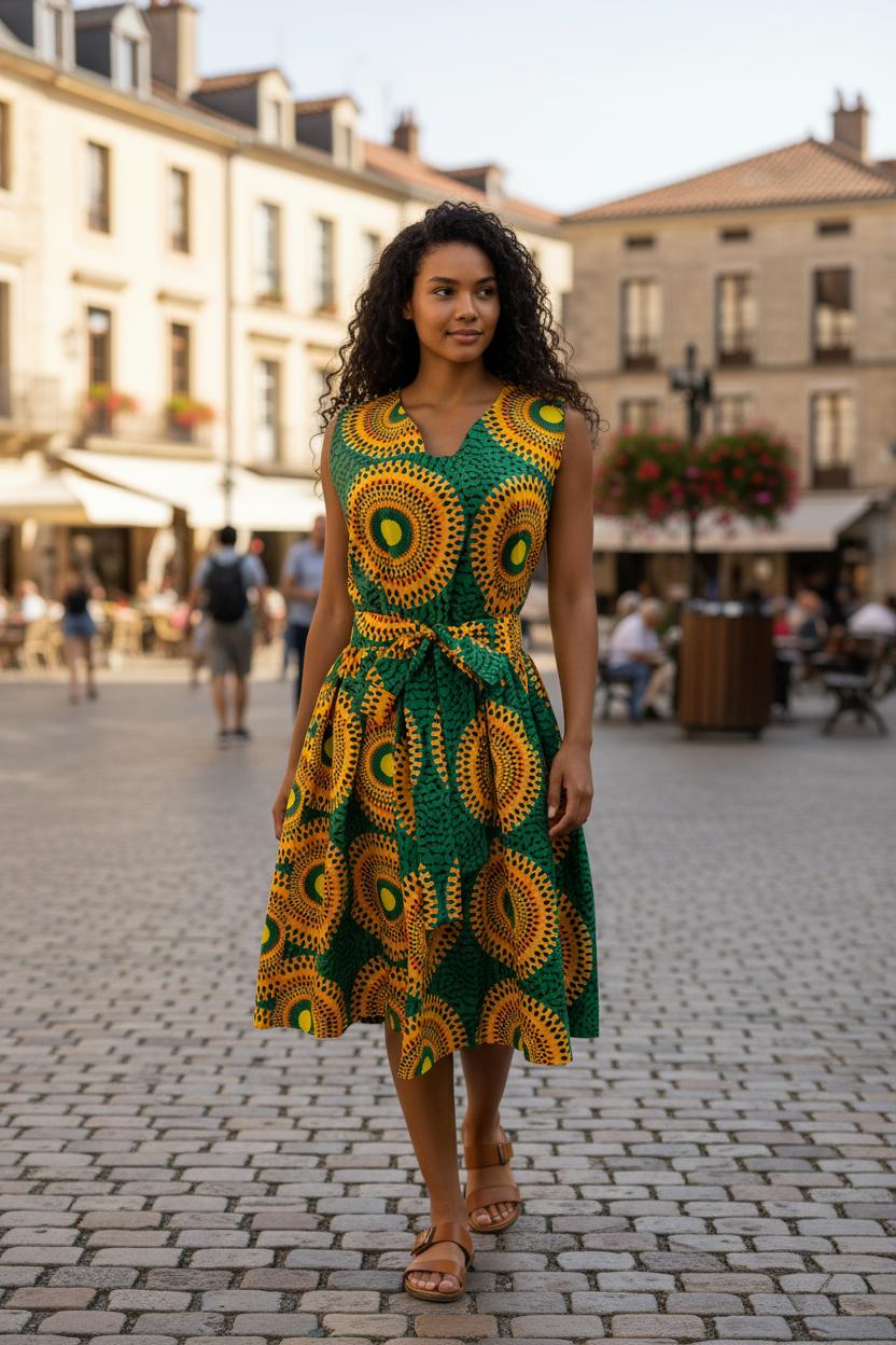 Robe en wax été femme, modèle sans manche avec encolure subtilement ouverte et ceinture assortie à nouer. Idéale pour sublimer la silhouette avec style et confort pendant les beaux jours.