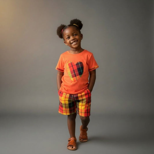 Ensemble fille madras orange avec short taille élastique et t-shirt cœur en tissu madras