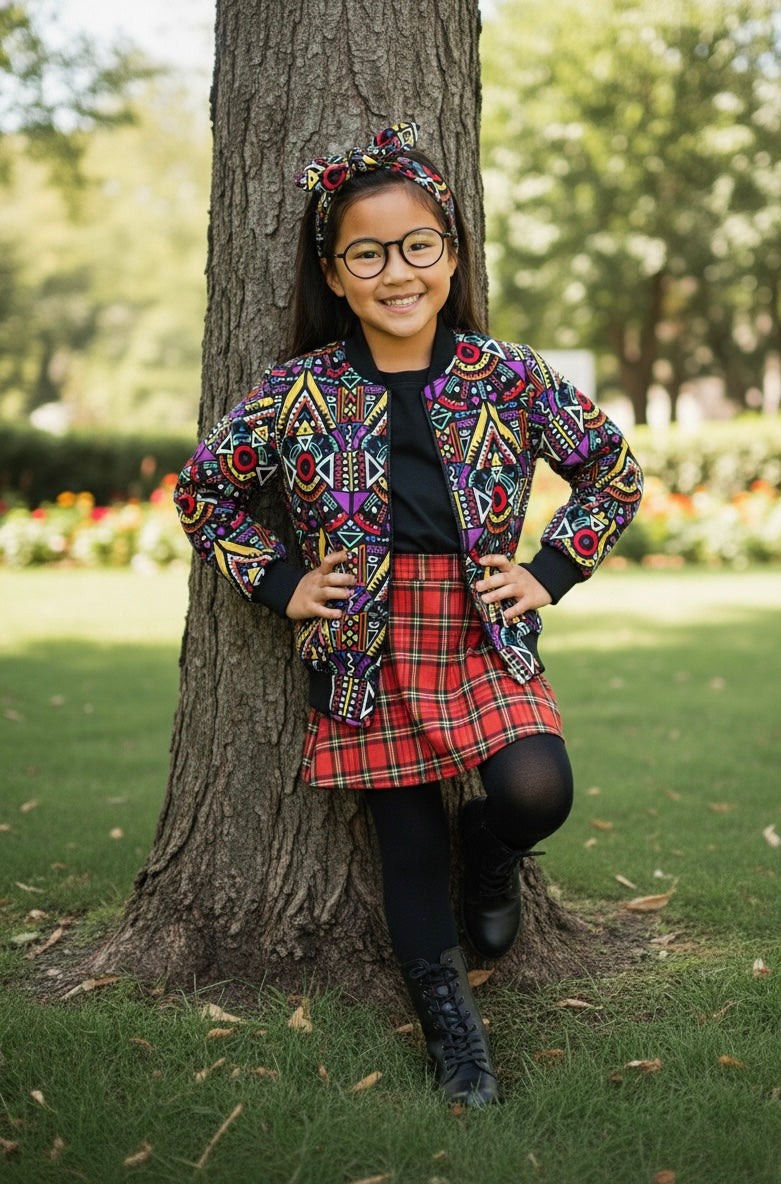 Veste bomber fille en tissu wax vibrant, avec bandeau coordonné, pour un look tendance et culturel.