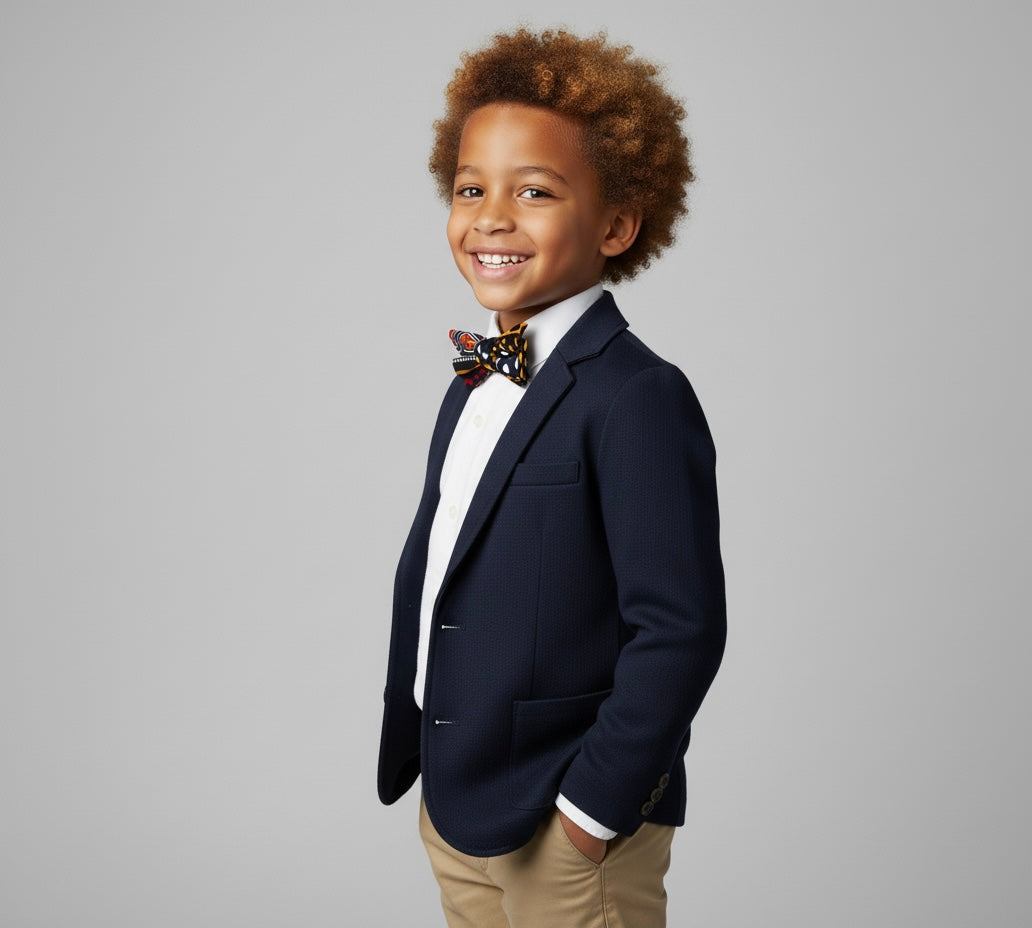 Accessoire enfant en wax africain, nœud papillon élégant avec tour de cou élastique.