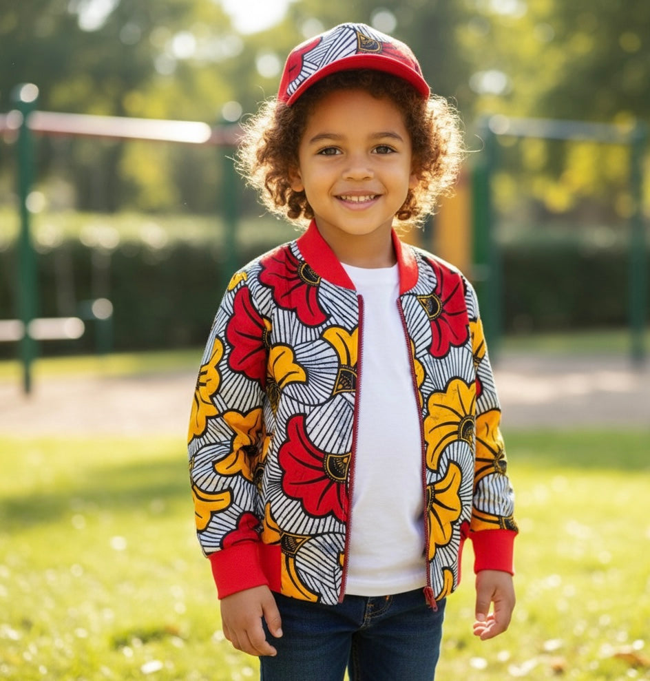 Veste bomber florale et casquette assortie pour enfant, tenue mixte élégante pour une occasion spéciale.