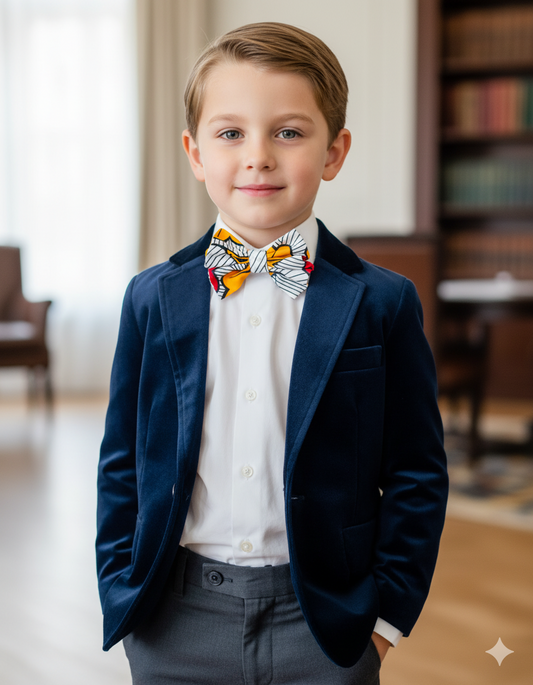 Nœud papillon enfant en tissu wax fleuri avec élastique pour cérémonie ou mariage.