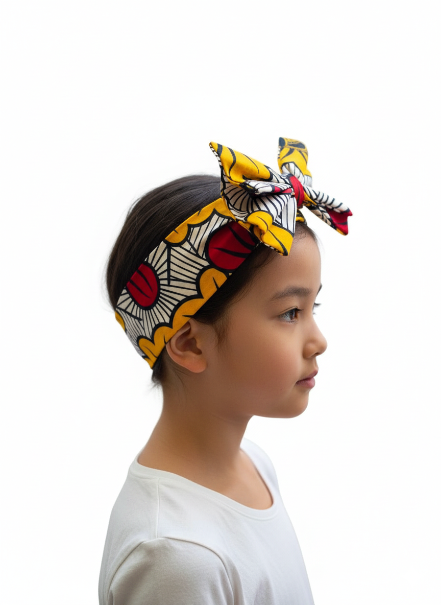 Accessoire cheveux pour enfant en wax fleuri, parfait pour une tenue de cérémonie.