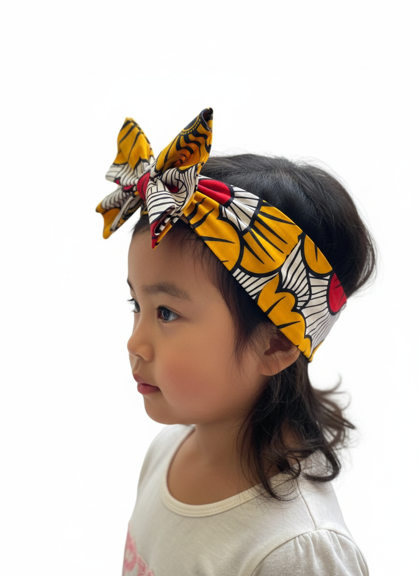 Bandeau enfant en tissu wax à fleurs, fait main, accessoire de mariage chic et coloré.